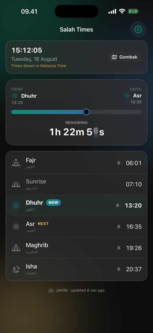 JAKIM timetable for Selangor in dark theme